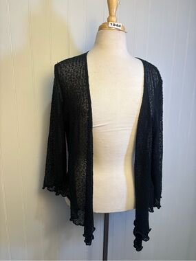 Black Open Front Tie Waist Sheer Knit Cardigan Cover Up Boho Cottagecore Shrug